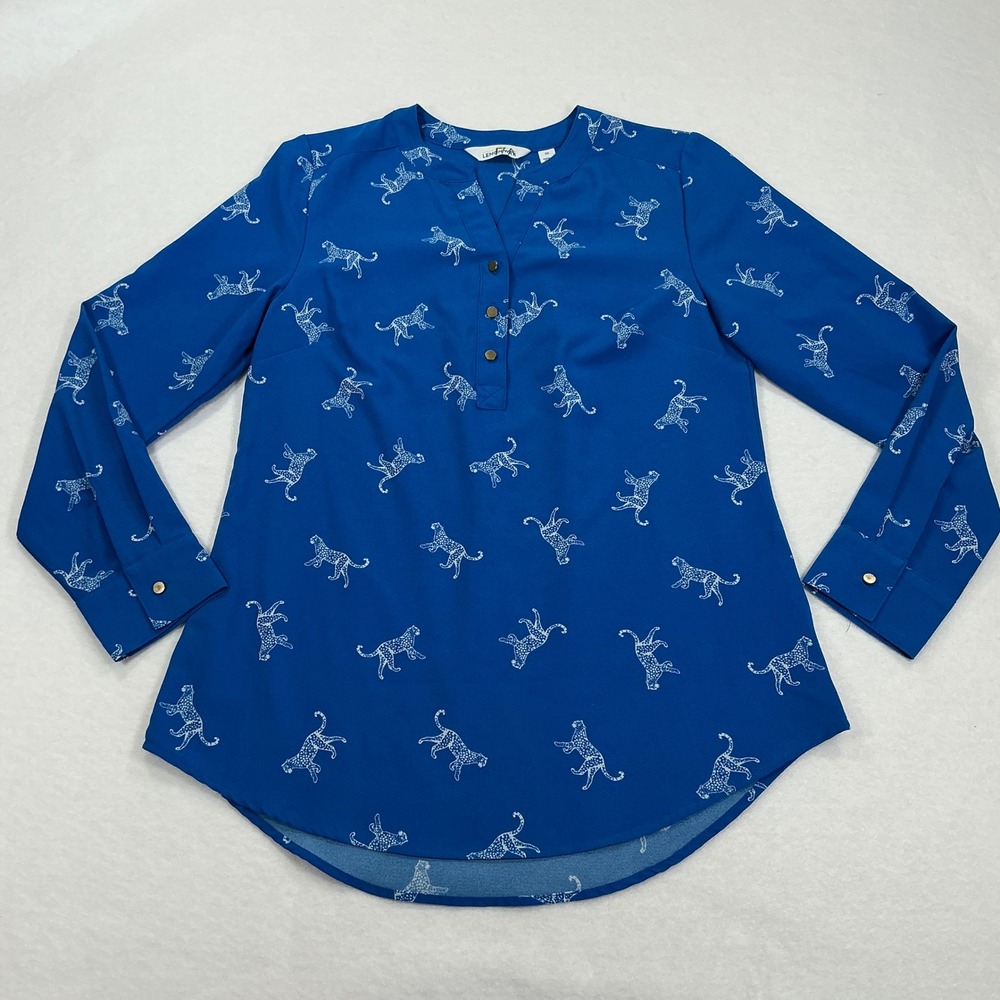Lemon Way Womens XS Royal Blue Cheetah Animal Print Split Neck Blouse Top